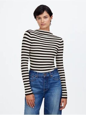 Madewell Striped Ribbed Long-Sleeve Ribbed Top in Chocolate Brown & Cream